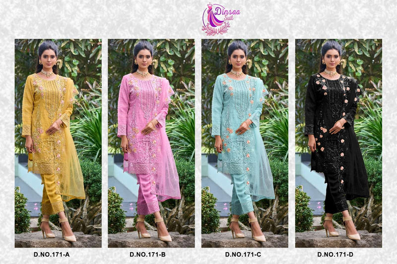 Dinsaa Suit Dno 171 Organza Embroidered Khatli Work Salwar Suit