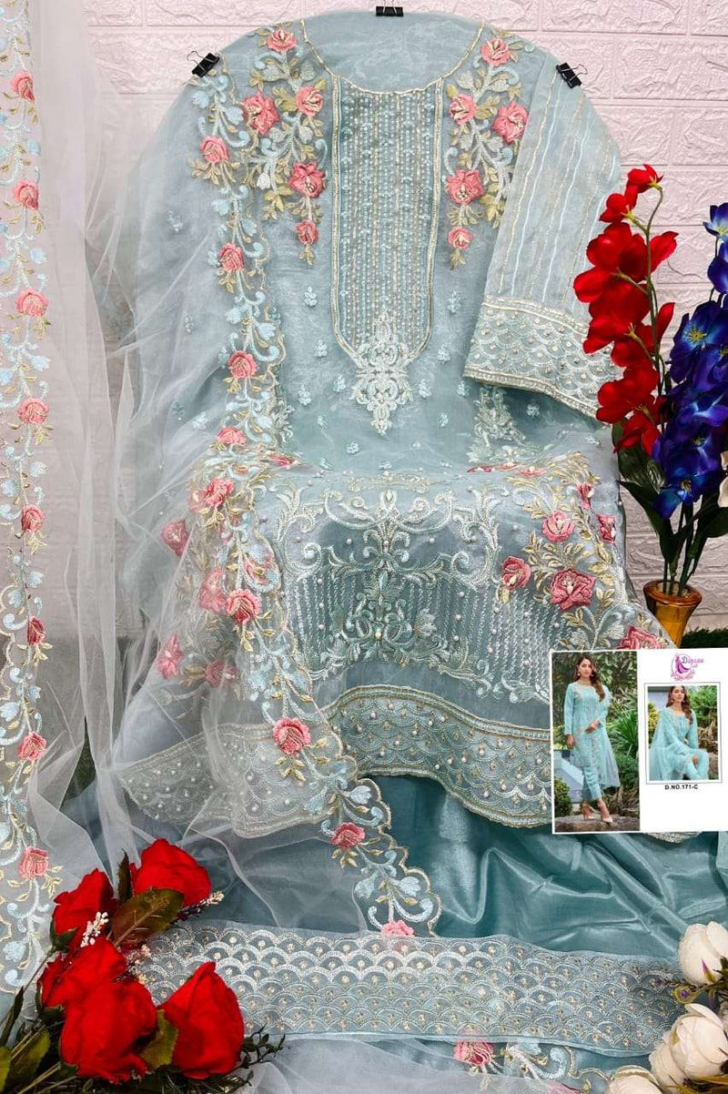 Dinsaa Suit Dno 171 Organza Embroidered Khatli Work Salwar Suit