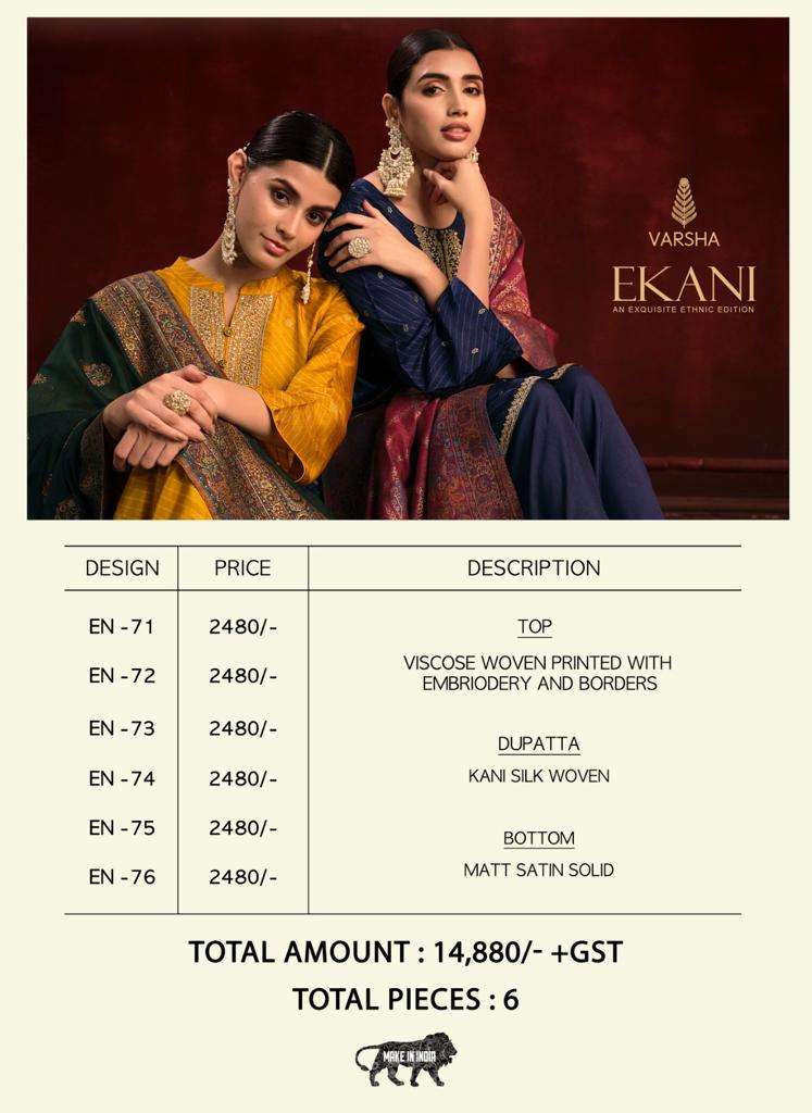 Varsha Ekani Viscose Printed Embroidered Designer Party Wear Suit Collection