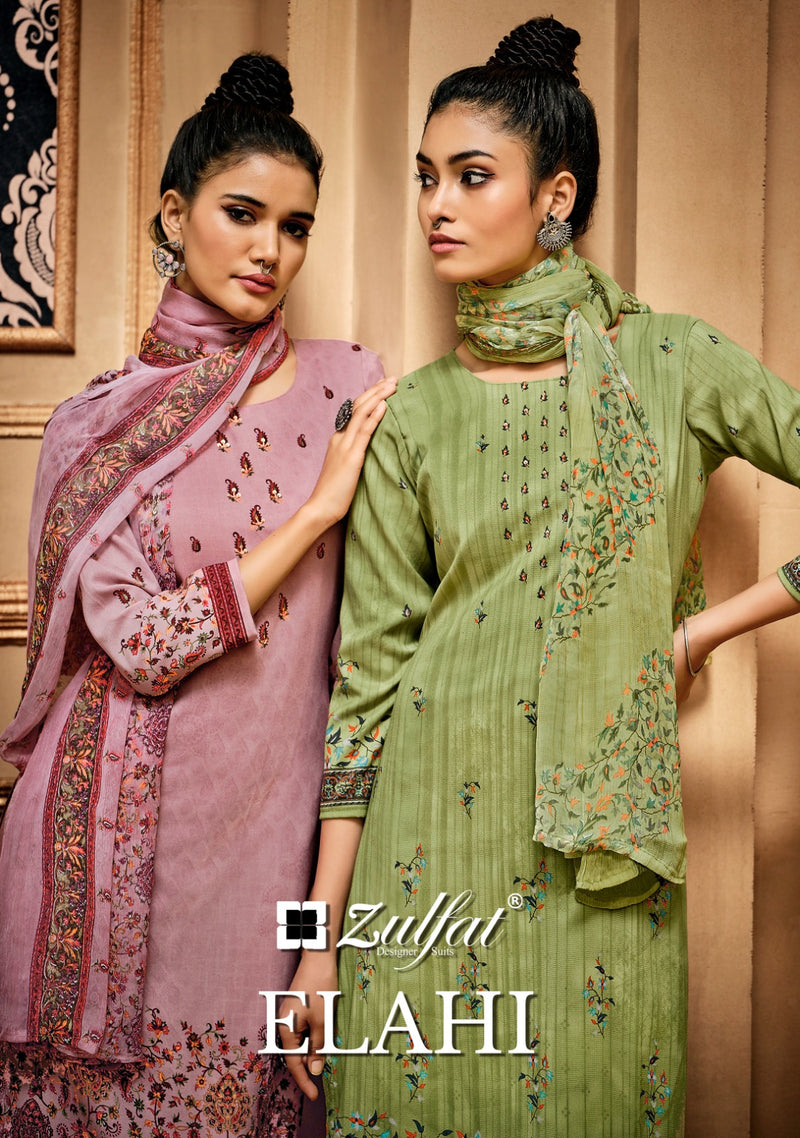 Zulfat Designer Studio Elahi Pashmina Fancy Work Digital Prints Designer Suits