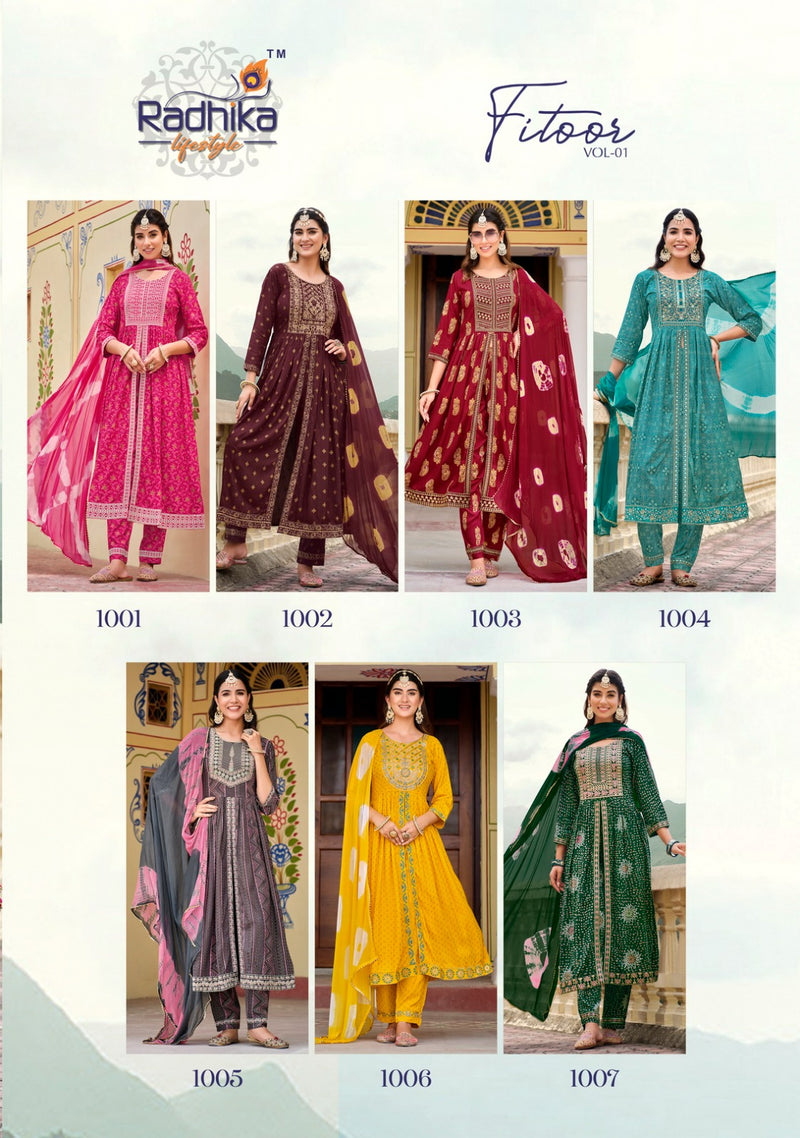 Radhika Lifestyle Fitoor Vol 1 Printed Rayon Center Cut Pattern Kurti Pant With Dupatta Set