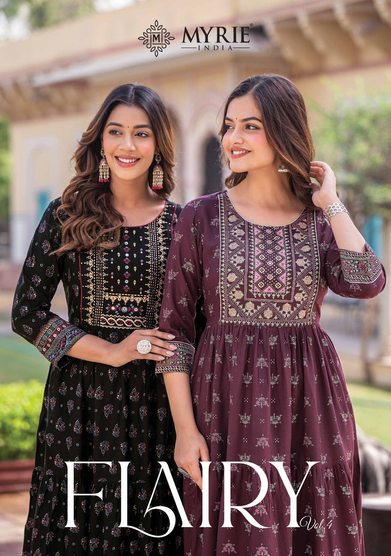 Mayrie India Flairy Vol 4 Rayon Printed With Embroidery Work Gowns