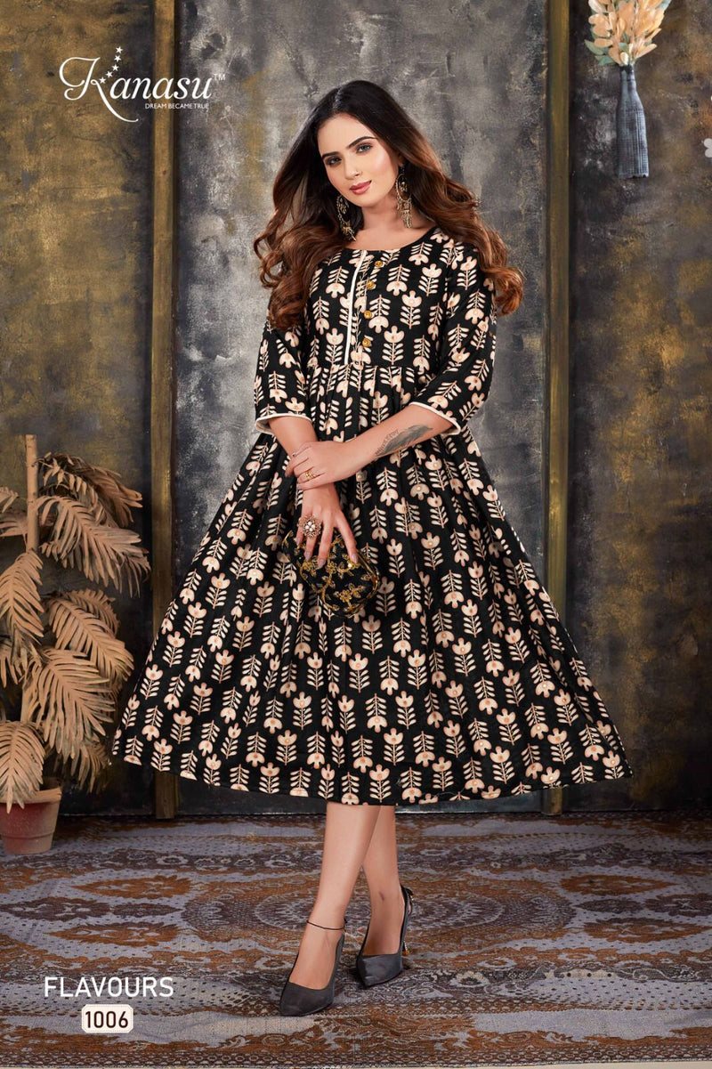 Kanasu Flavours Rayon Capsule Prints Fancy Frock Style Kurtis