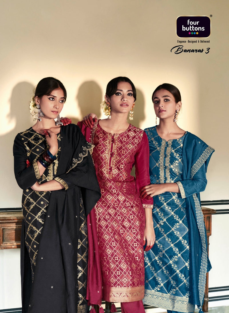 Four Buttons Banaras Vol 3 Silk Jacquard With Fancy Hand Work Designer Ready Made Suits
