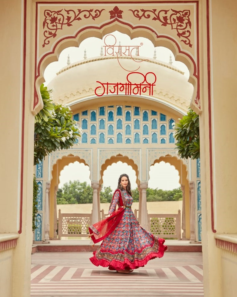 Virasat Gajgamini Printed Dola Jacquard With Hand Work Designer Gown With Dupatta