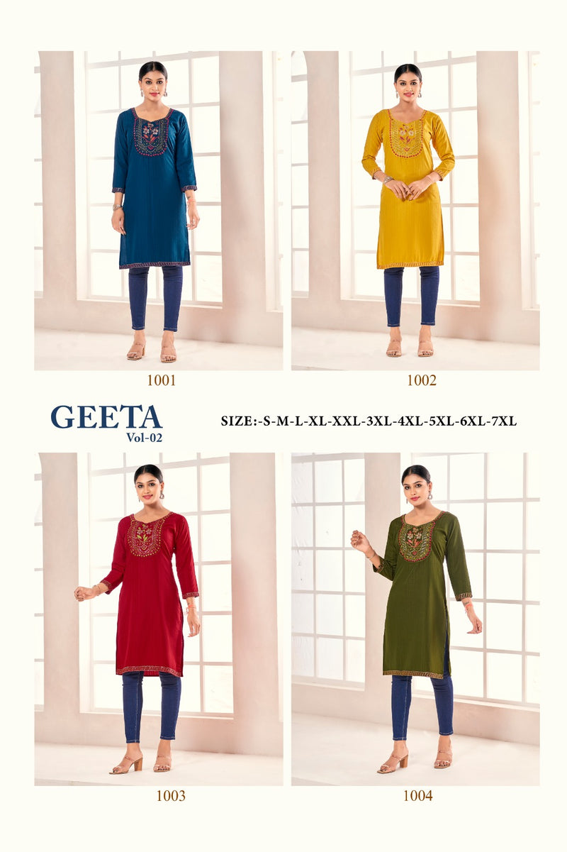 Mf Geeta Vol 2 Silk Fabric Fancy Neck Work Daily Wear Kurtis