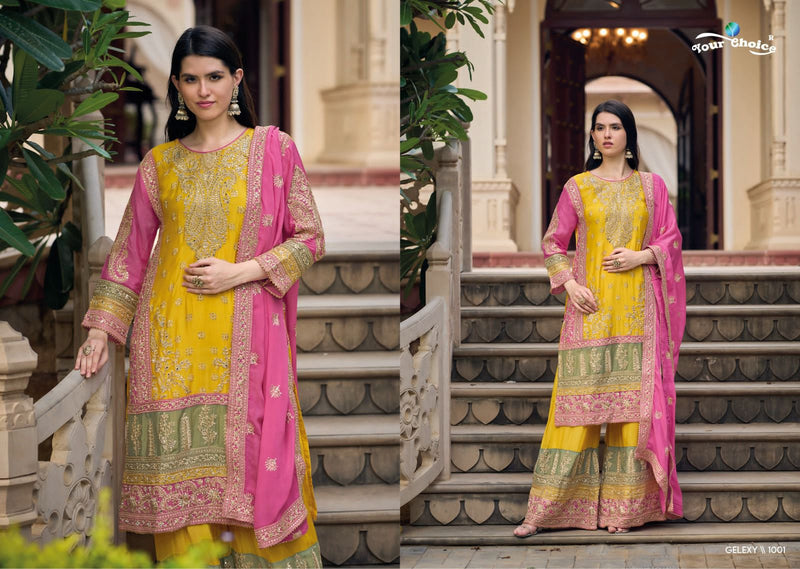 Your Choice Gelexy Chinon With Heavy Embroidery Sharara Suits