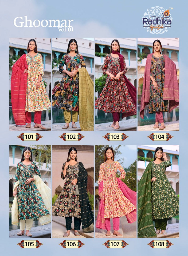 Radhika Lifestyle Ghoomar Vol 1 Rayon Printed Alia Cut Kurti Collection