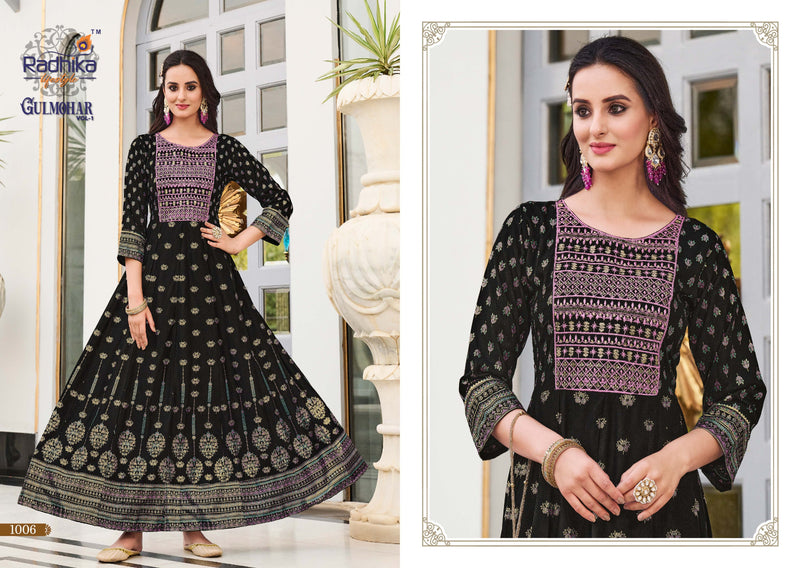Radhika Lifestyle Gulmohar Vol 1 Rayon Foil Print With Embroidery Work Gowns