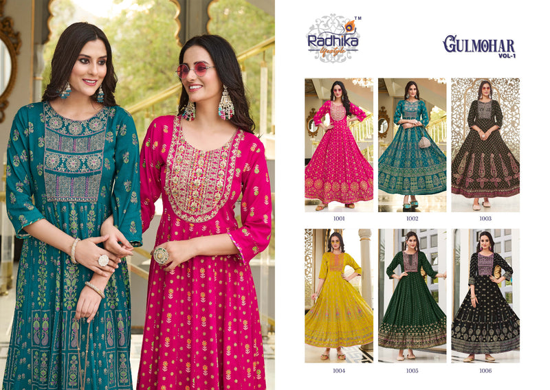 Radhika Lifestyle Gulmohar Vol 1 Rayon Foil Print With Embroidery Work Gowns