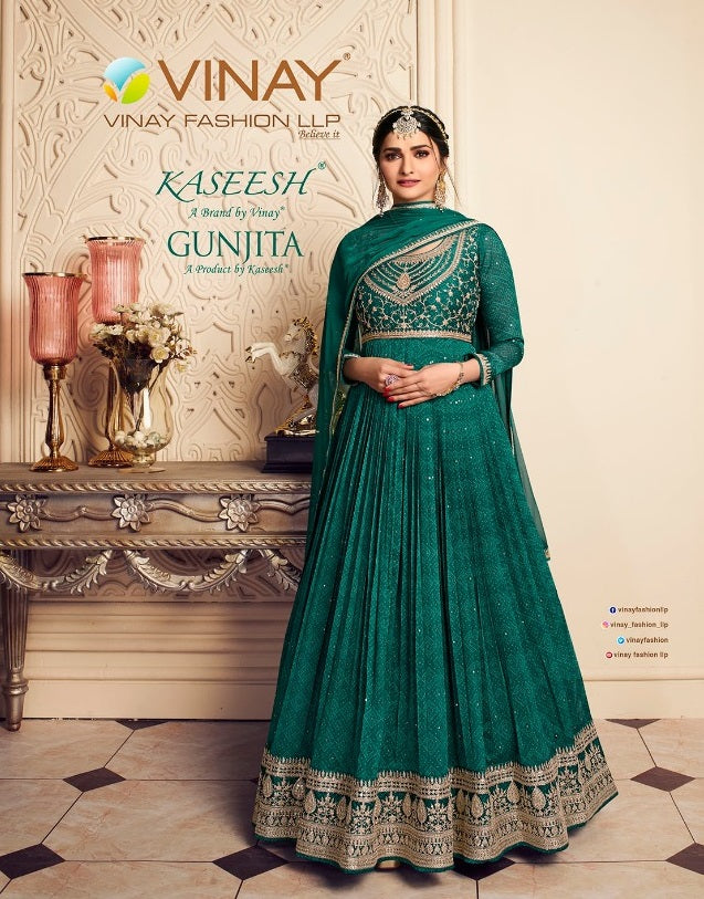 Vinay Fashion Kaseesh Gunjita Silk Chiffon Kali Style Heavy Embroidery Designer Ready Made Suits