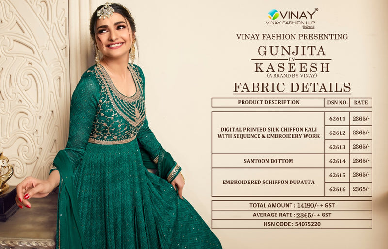 Vinay Fashion Kaseesh Gunjita Silk Chiffon Kali Style Heavy Embroidery Designer Ready Made Suits
