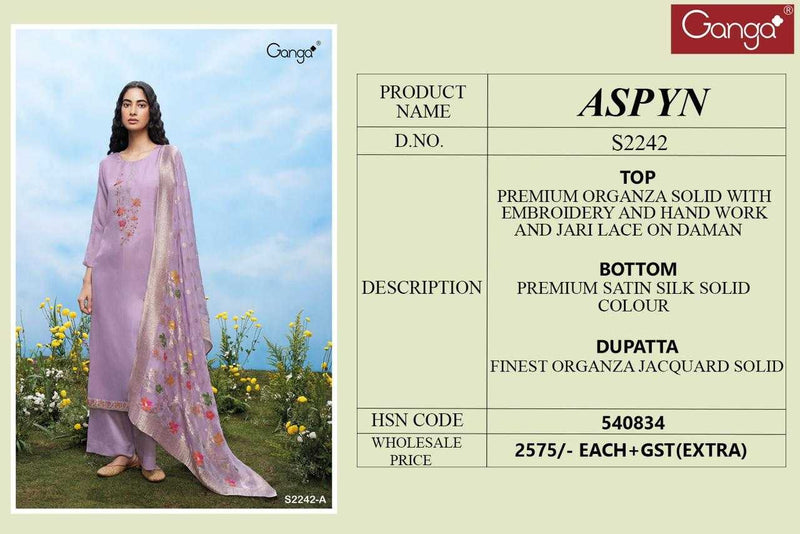 Ganga Suit Aspyn 2242 Premium Organza Solid Embroidered Handwork Salwar Suit