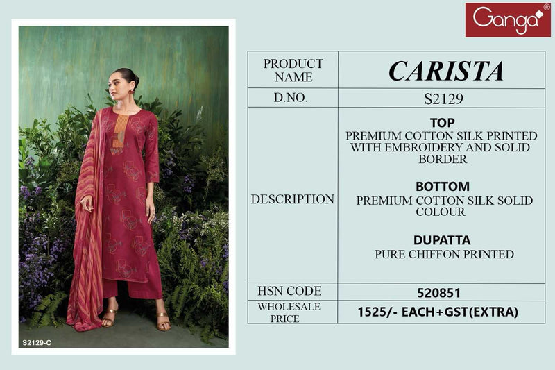 Ganga Suit Carista 2129 Premium Cotton Silk Printed Embroidery Work Salwar Suit