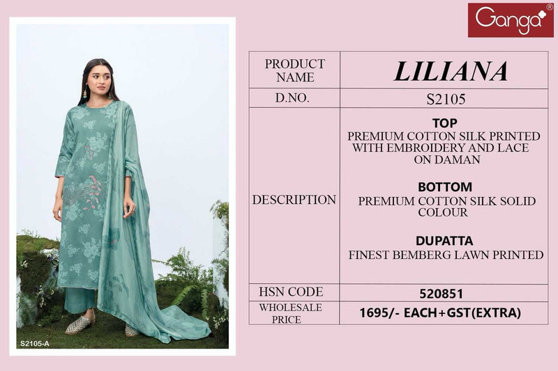 Ganga Suit Liliana 2105 Premium Cotton Silk Printed With Embroidery Work Suit