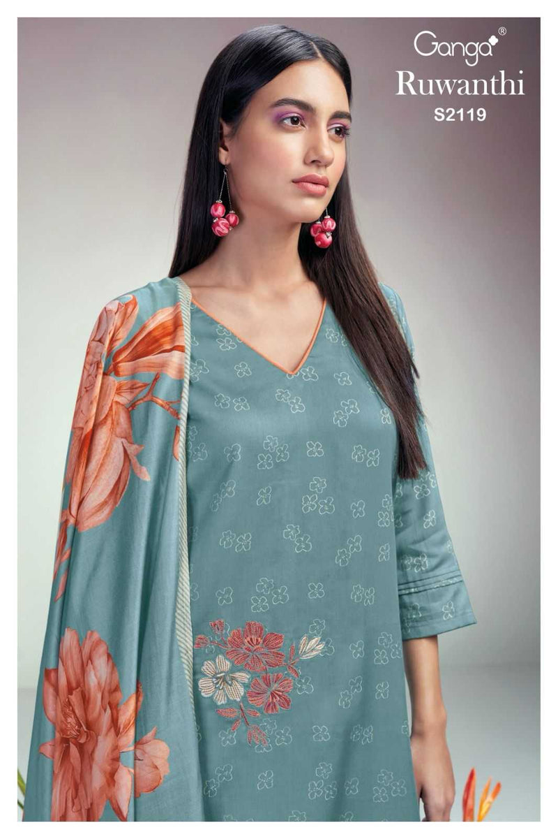 Ganga Suit Ruwanthi 2119 Premium Cotton Silk Printed With Embroidery Work Suit