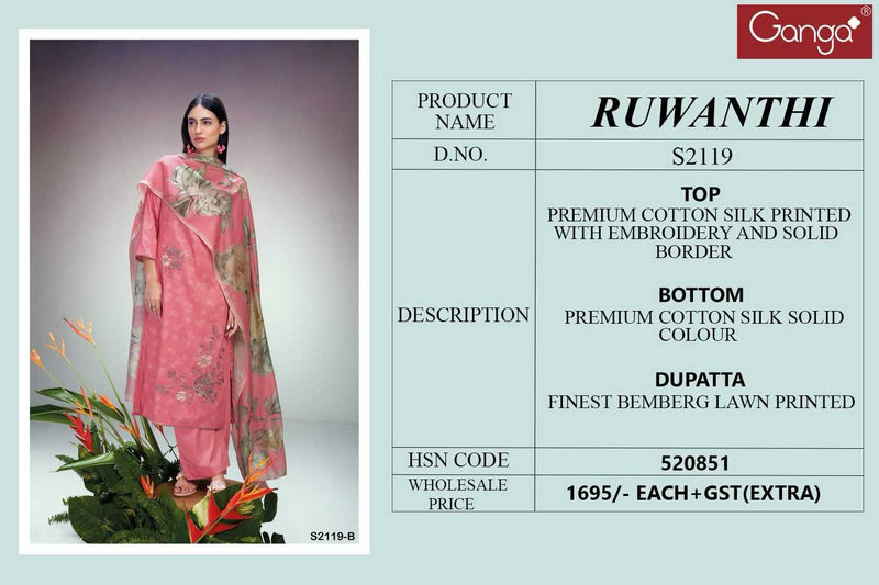 Ganga Suit Ruwanthi 2119 Premium Cotton Silk Printed With Embroidery Work Suit