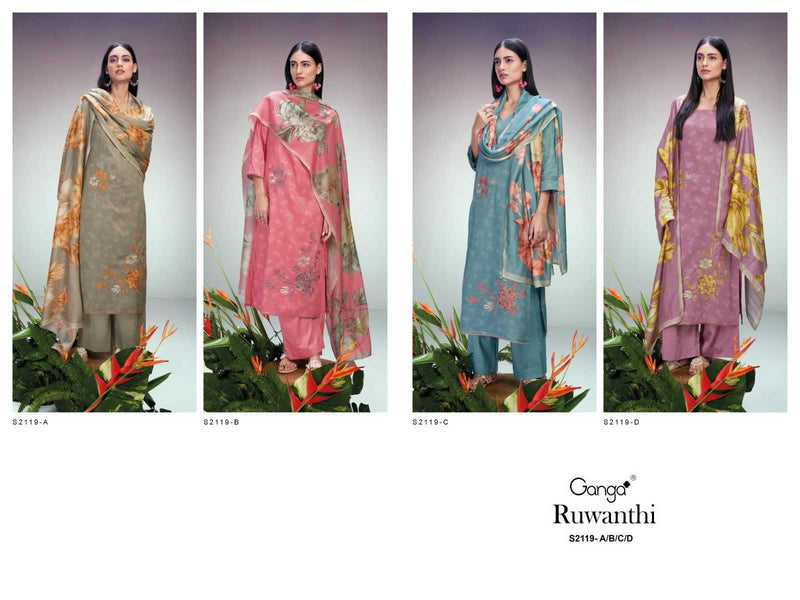 Ganga Suit Ruwanthi 2119 Premium Cotton Silk Printed With Embroidery Work Suit