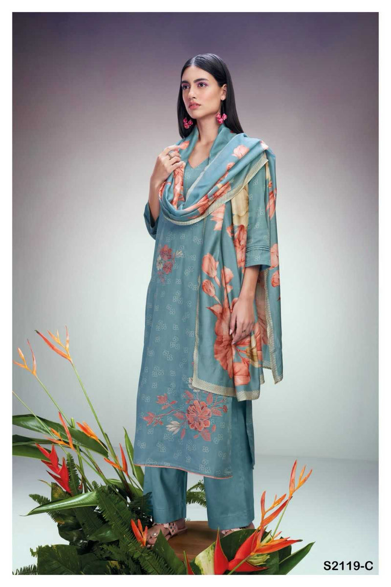 Ganga Suit Ruwanthi 2119 Premium Cotton Silk Printed With Embroidery Work Suit