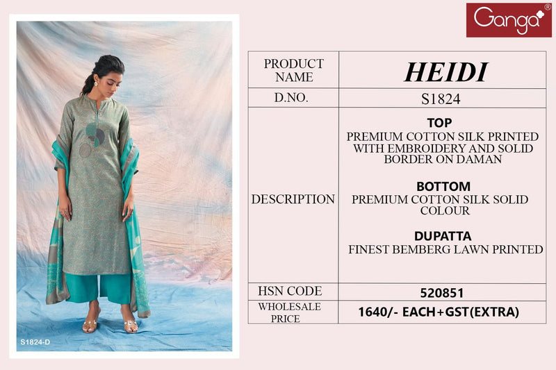 Ganga Heidi 1824 Cotton Printed With Embroidery Designer Suits
