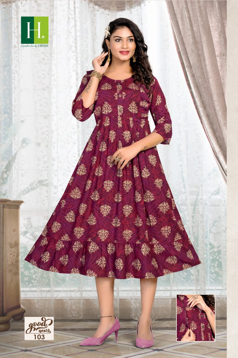 Hirwa Good News Rayon Foil Printed Fancy Feeding Kurti Collection