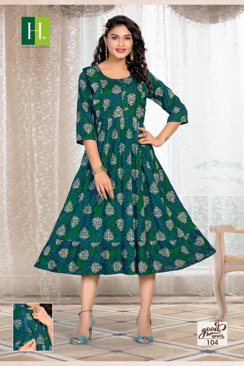 Hirwa Good News Rayon Foil Printed Fancy Feeding Kurti Collection