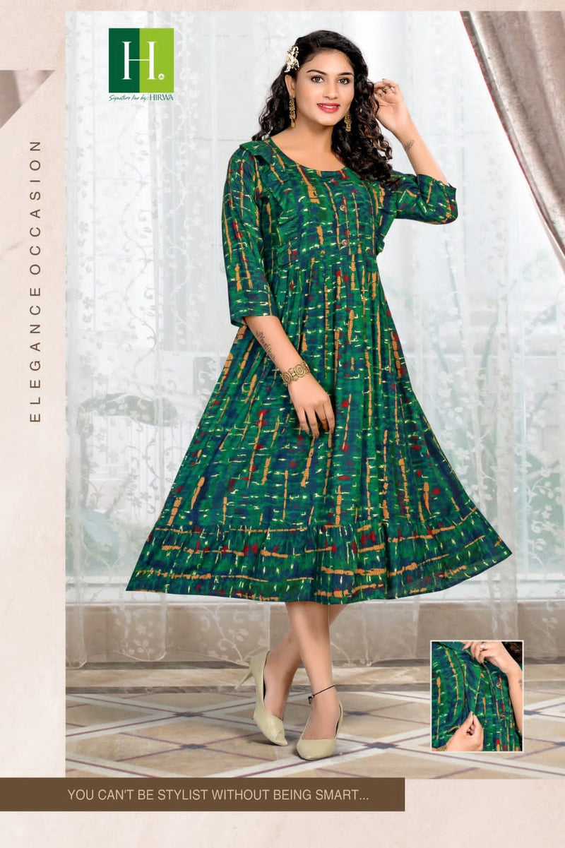 Hirwa Good News Rayon Foil Printed Fancy Feeding Kurti Collection