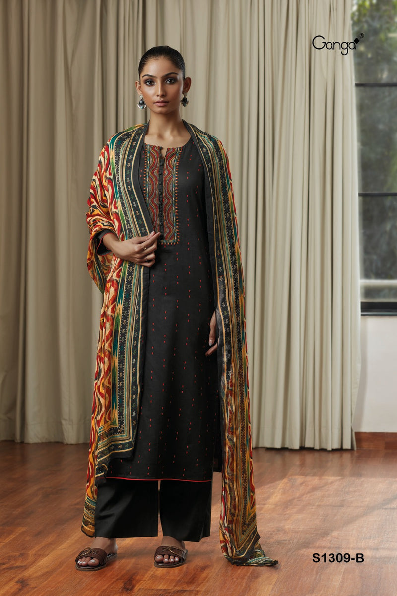 Ganga Inna 1309 Cotton Satin Printed With Embroidery Designer Traditional Suits