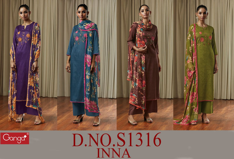 Ganga Inna 1316 Cotton Satin Printed With Hand Work Designer Fancy Suits