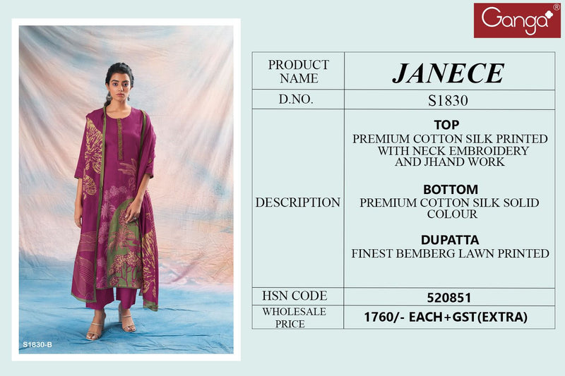 Ganga Janece 1830 Silk Cotton Printed With Embroidery Designer Fancy Salwar Suits