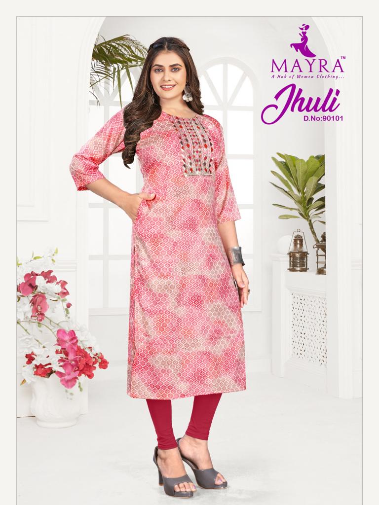 Mayra Jhuli Capsul Print With Fancy Designer Side Pocket Pattern Kurtis