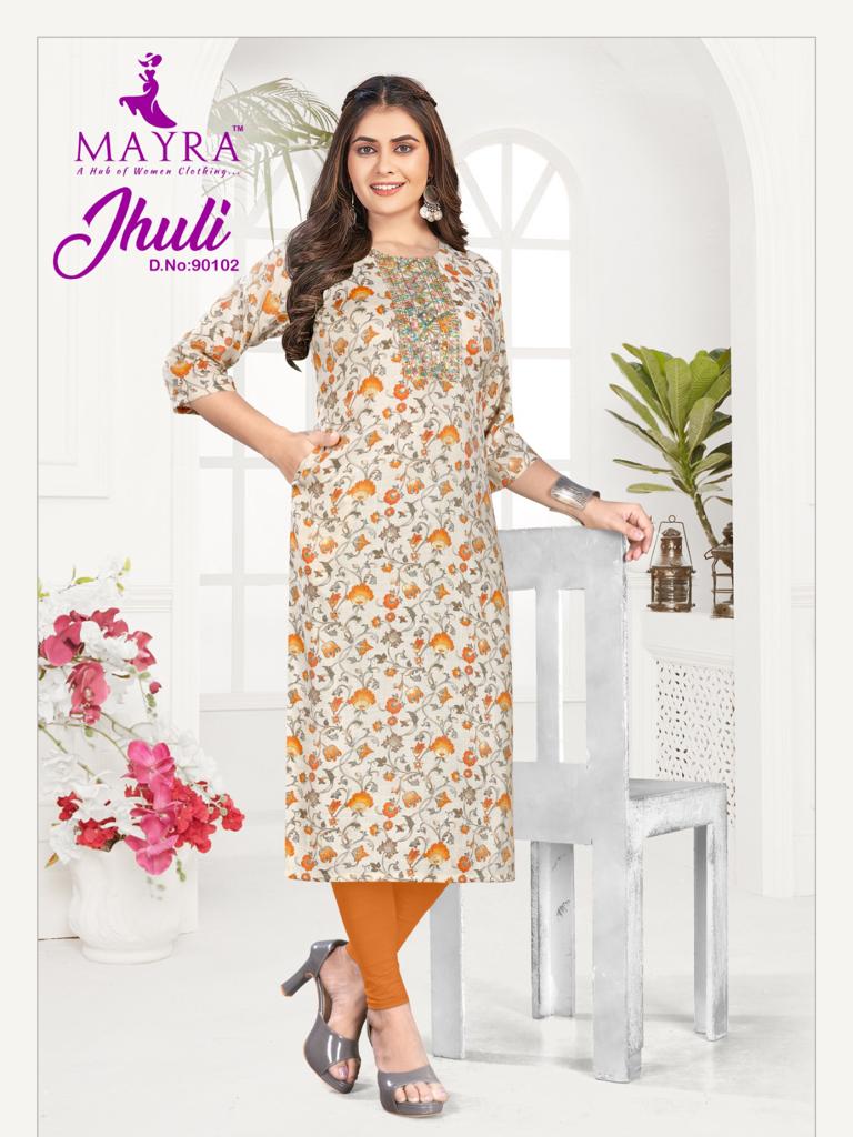 Mayra Jhuli Capsul Print With Fancy Designer Side Pocket Pattern Kurtis