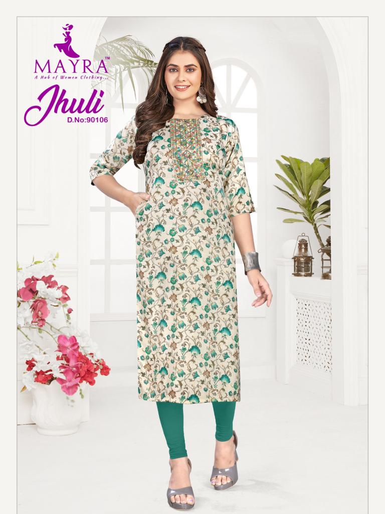 Mayra Jhuli Capsul Print With Fancy Designer Side Pocket Pattern Kurtis