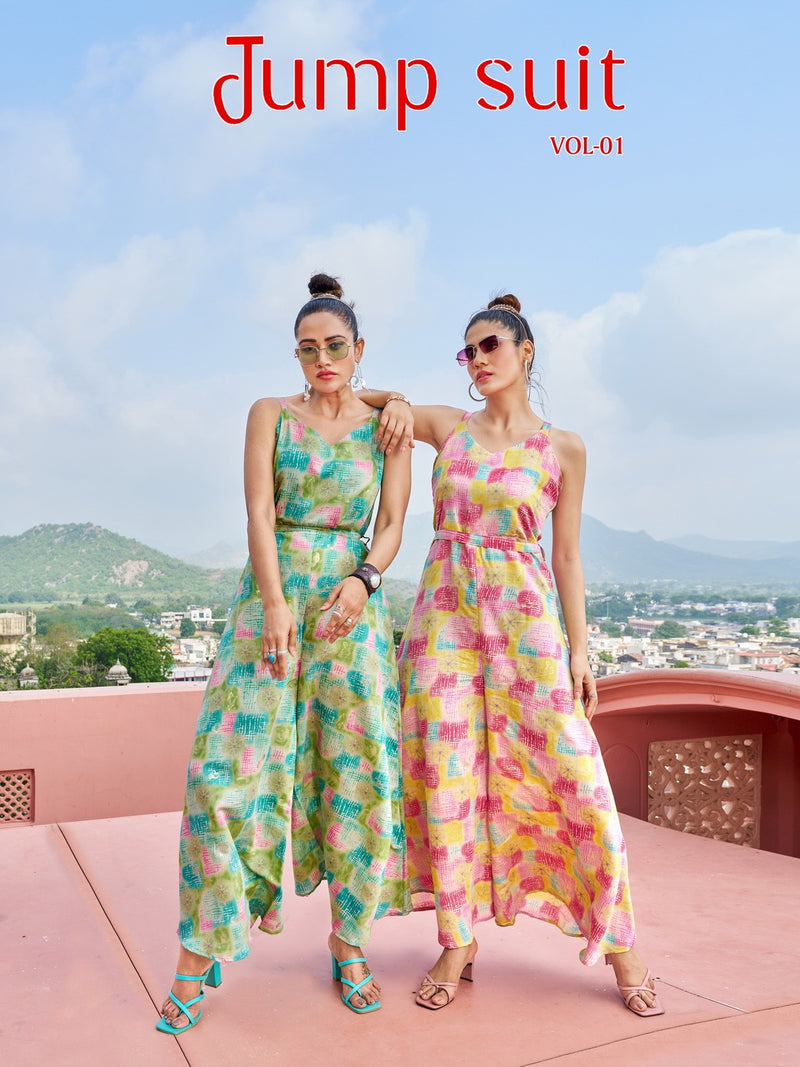 Bhavi Designer Jump Suit Vol 1 Printed Modal Silk Fabric Fancy Party Wear Ready Made Jump Suits