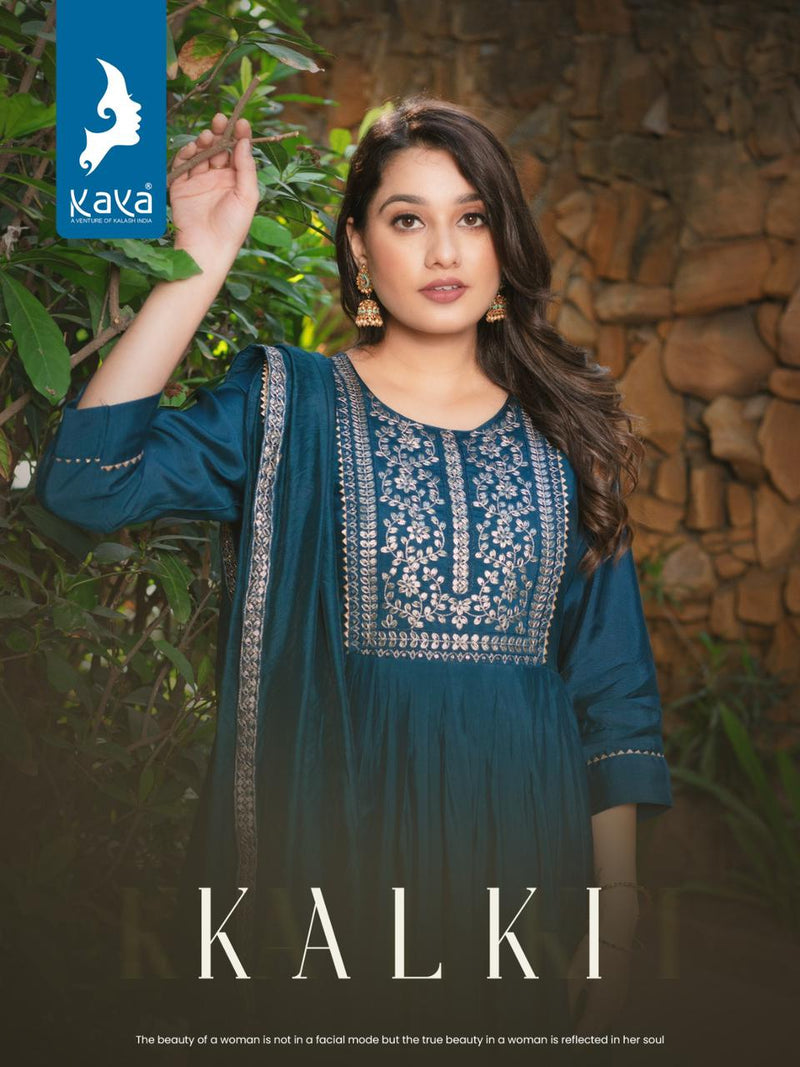 Kaya Kalki Silk With Embroidery Designer Nyra Cut Style Kurti With Bottom & Dupatta
