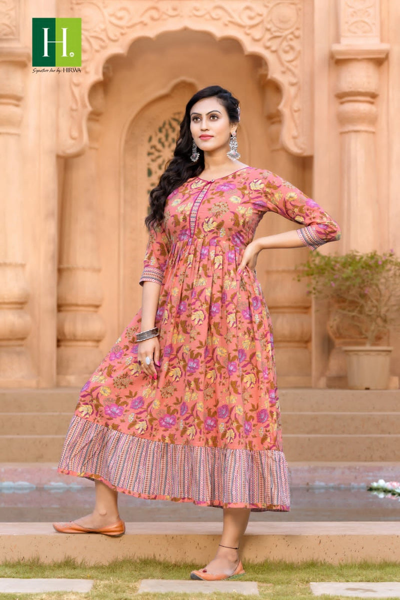 Hirwa Kalki Cambric Cotton Printed Fancy Gown Style Long Kurtis