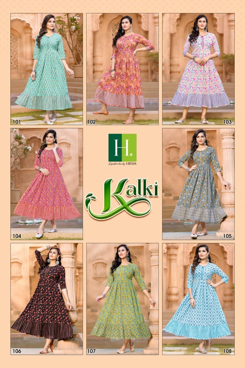 Hirwa Kalki Cambric Cotton Printed Fancy Gown Style Long Kurtis