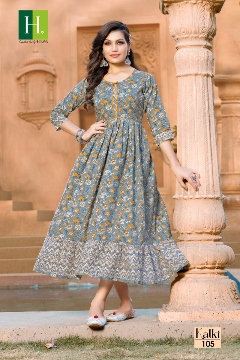 Hirwa Kalki Cambric Cotton Printed Fancy Gown Style Long Kurtis