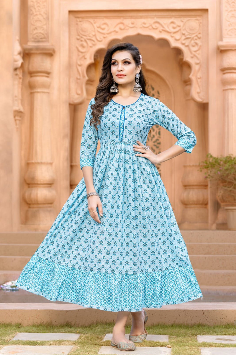 Hirwa Kalki Cambric Cotton Printed Fancy Gown Style Long Kurtis