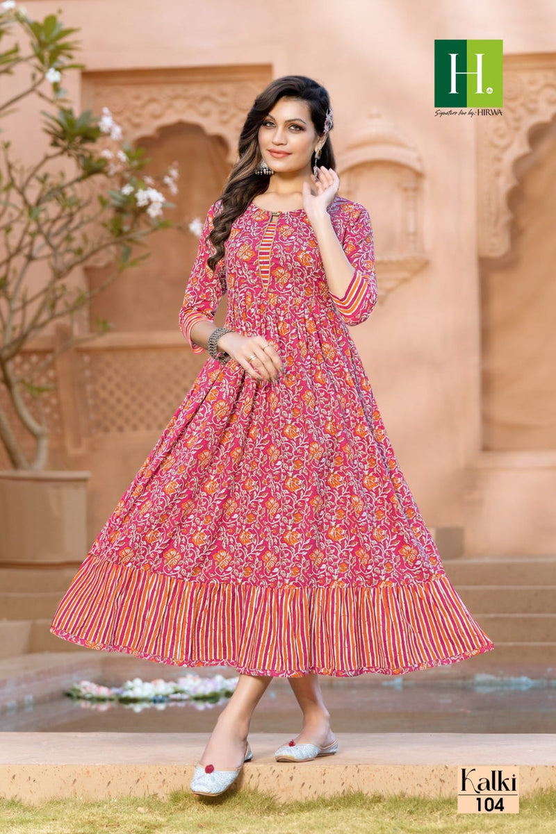 Hirwa Kalki Cambric Cotton Printed Fancy Gown Style Long Kurtis