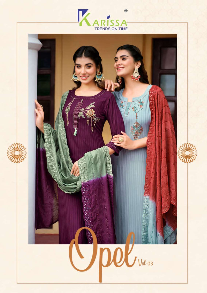 Karissa Opel Vol 3 Viscose Rayon Fancy Thered Work Designer Classy Look Top Pant With Dupatta Combo