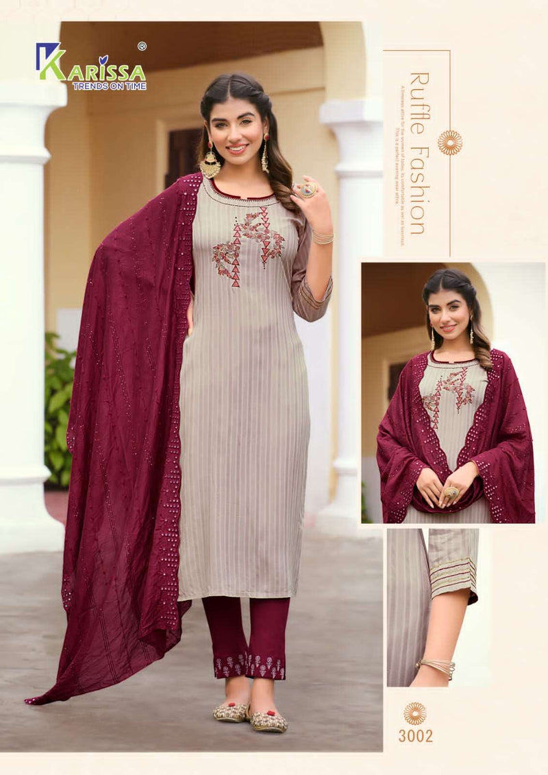 Karissa Opel Vol 3 Viscose Rayon Fancy Thered Work Designer Classy Look Top Pant With Dupatta Combo