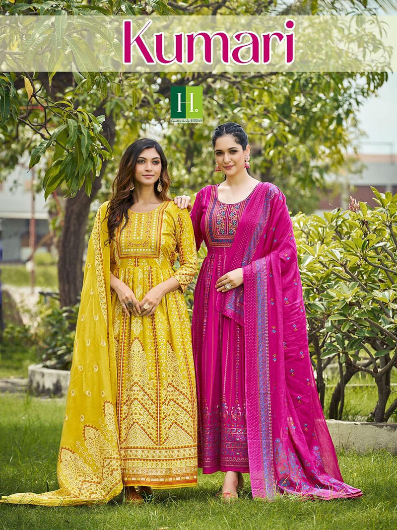 Hirwa Kumari Rayon Heavy Foil Printed Designer Long Gown With Dupatta