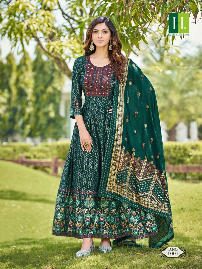 Hirwa Kumari Rayon Heavy Foil Printed Designer Long Gown With Dupatta