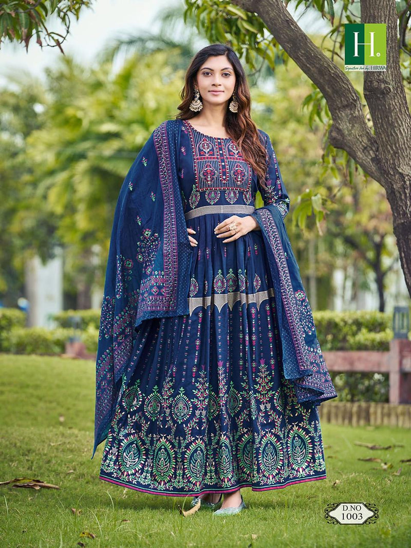 Hirwa Kumari Rayon Heavy Foil Printed Designer Long Gown With Dupatta