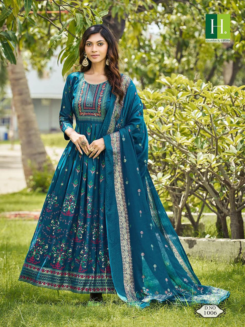 Hirwa Kumari Rayon Heavy Foil Printed Designer Long Gown With Dupatta