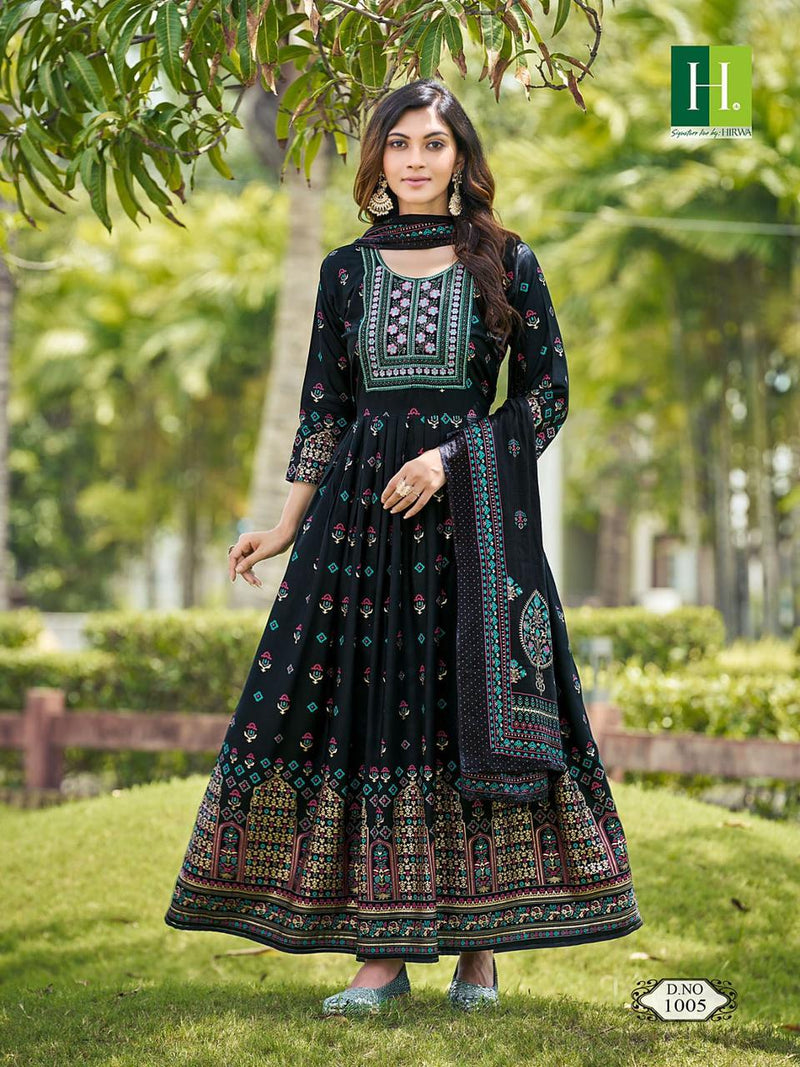 Hirwa Kumari Rayon Heavy Foil Printed Designer Long Gown With Dupatta