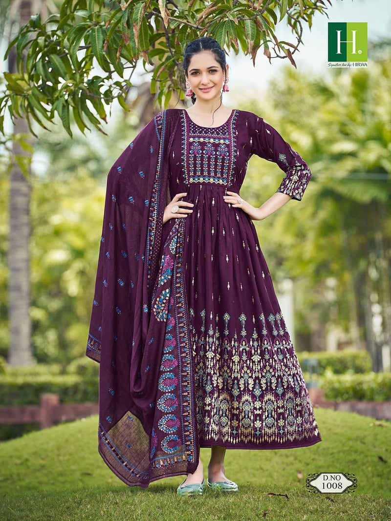 Hirwa Kumari Rayon Heavy Foil Printed Designer Long Gown With Dupatta