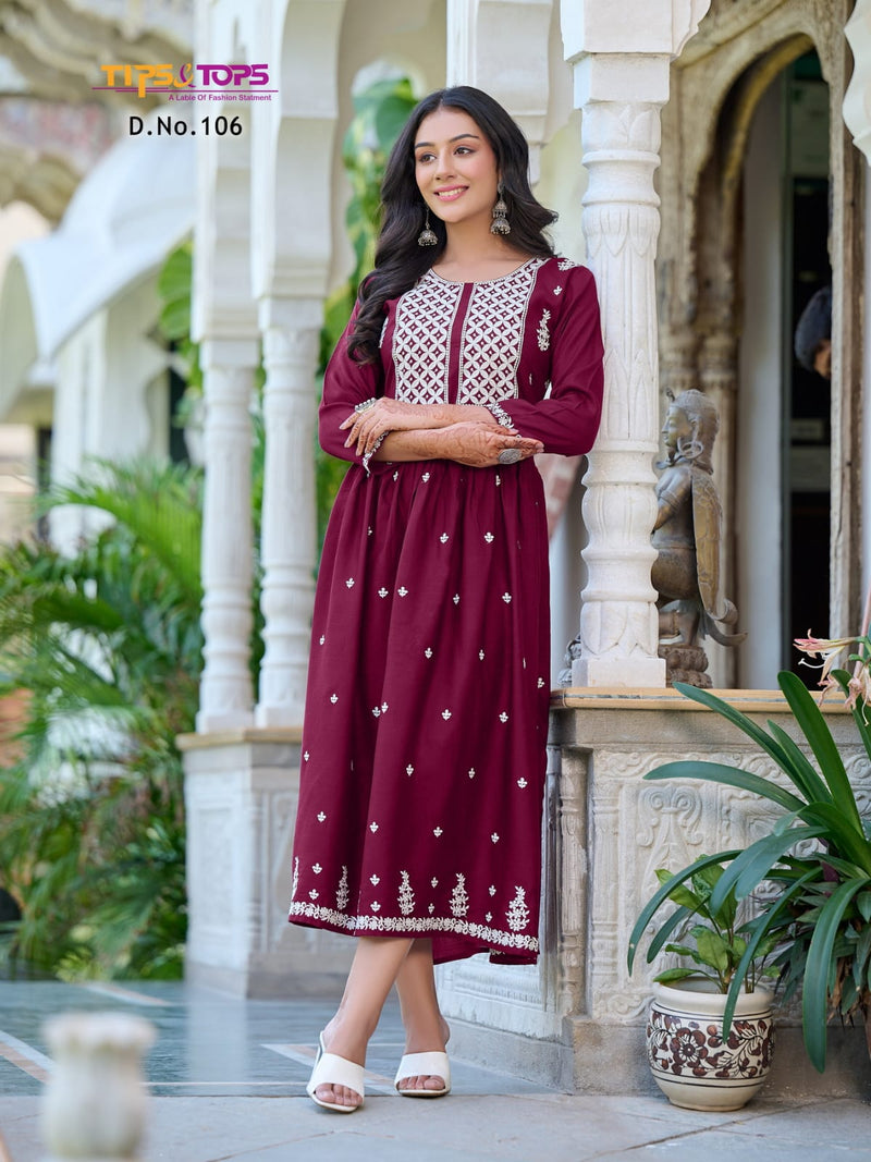 Tips And Tops Lakhnavi Rayon Thread Embroidery Work Fancy Wear Kurti