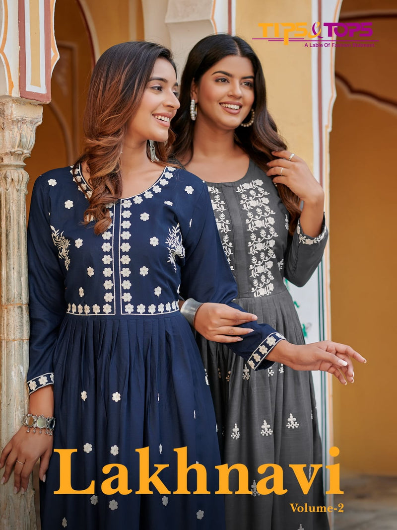Tips And Tops Lakhnavi Vol 2 Rayon Thread Embroidery Work Gown Style Kurtis